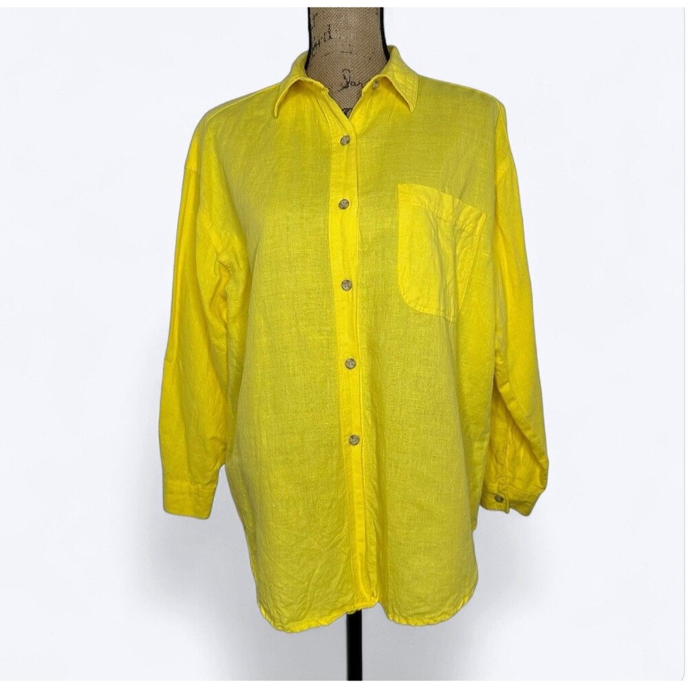 Harve Benard Linen Cotton Button Front Shirt Sz L Yellow Office Vacation‎ Resort